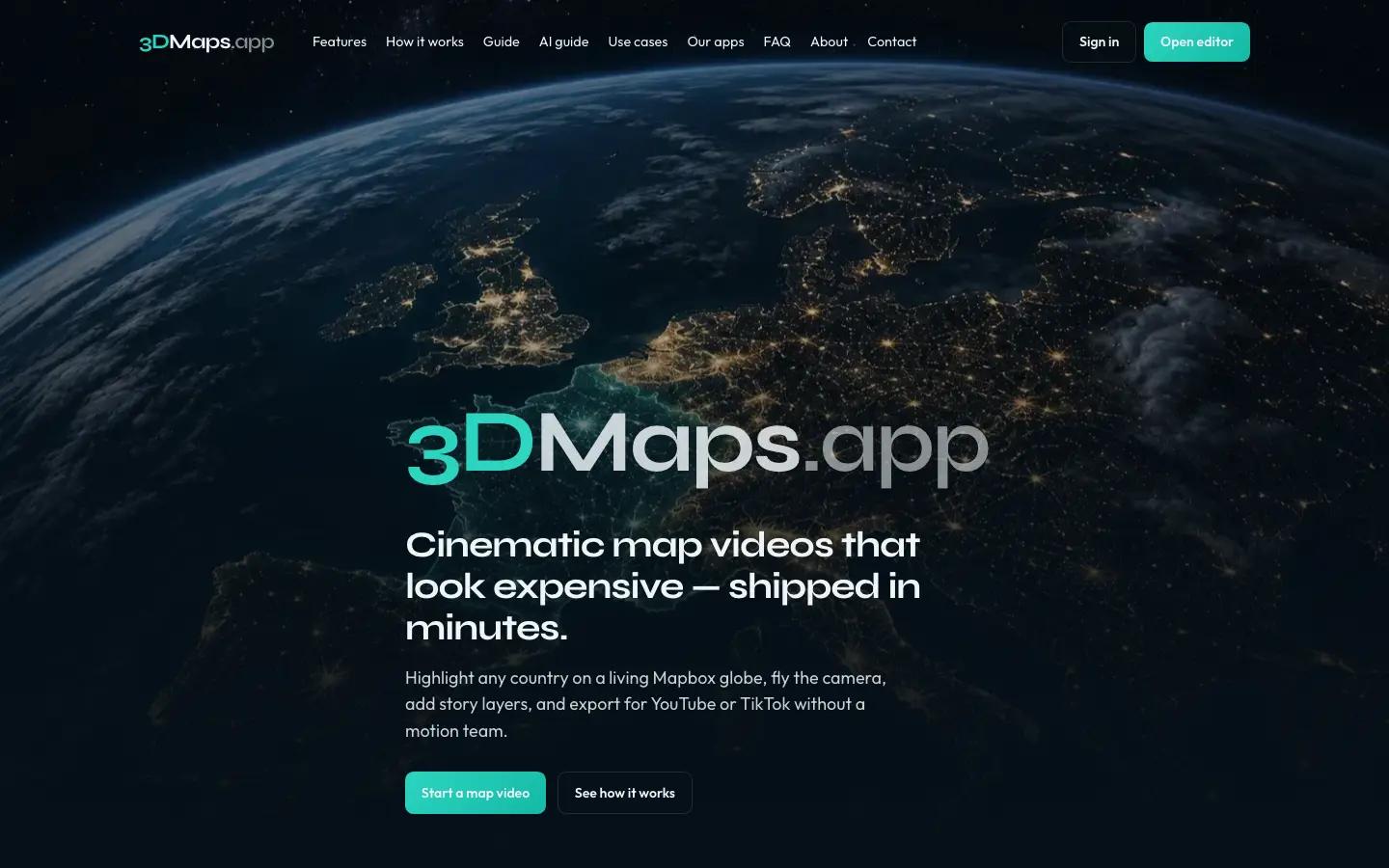 3DMaps.app marketing header: logo, Features through Contact, Sign in, and Open editor — no TravelRecap bar covering the nav