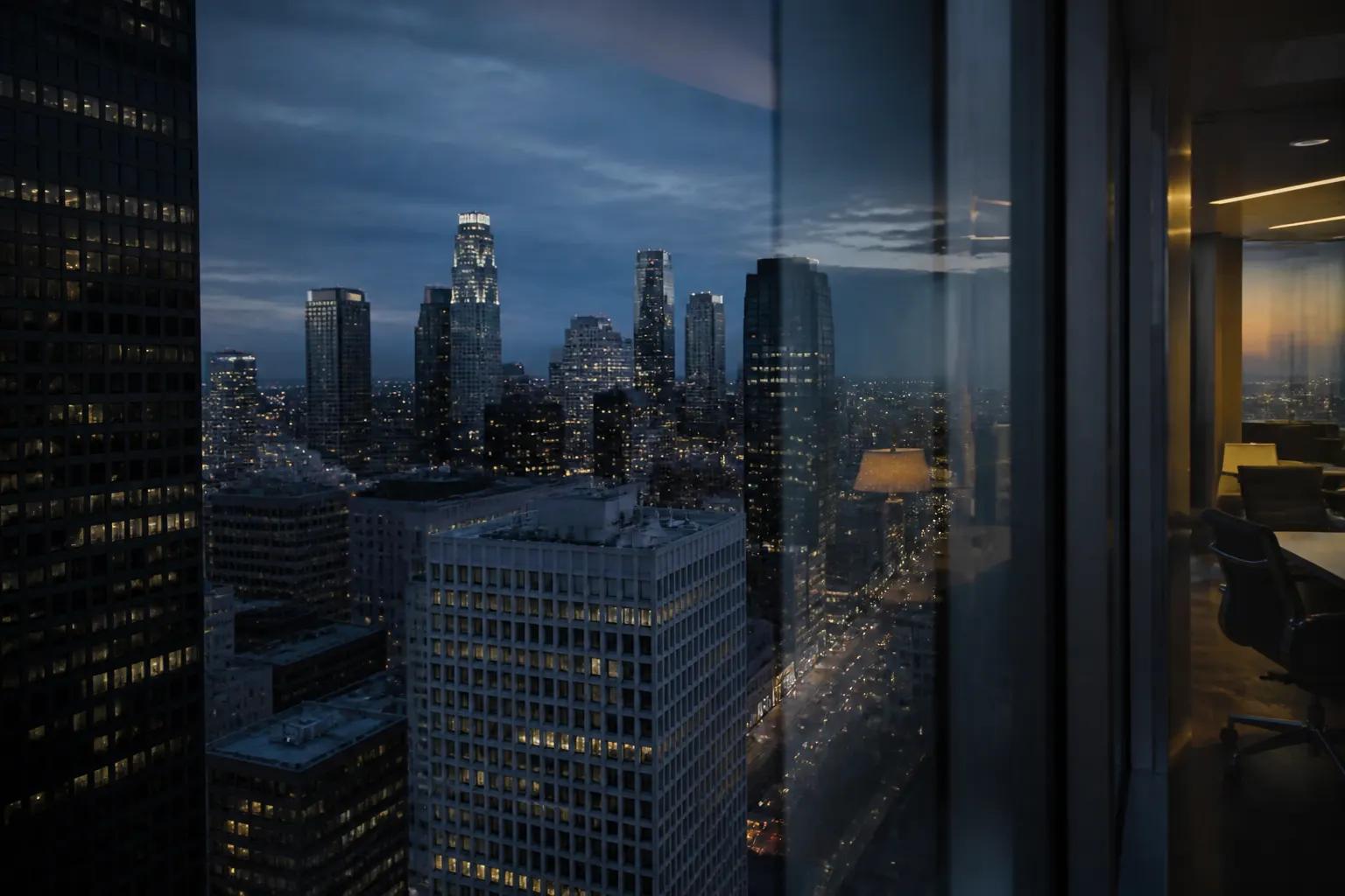 Downtown Los Angeles skyline at blue hour with warm office lights — home base of DTLA Professional Services, LLC