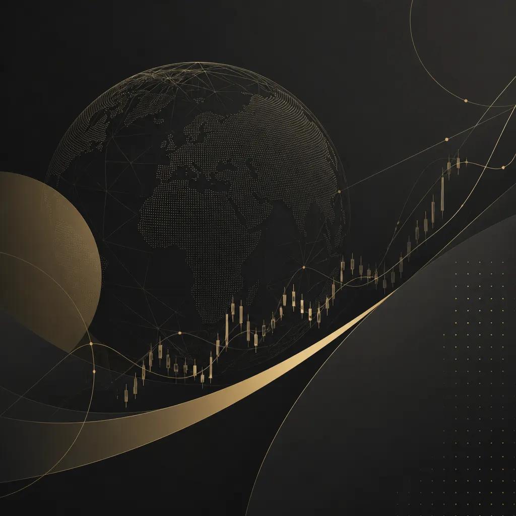 Abstract studio mark combining a wireframe globe with clean chart lines in charcoal and champagne gold