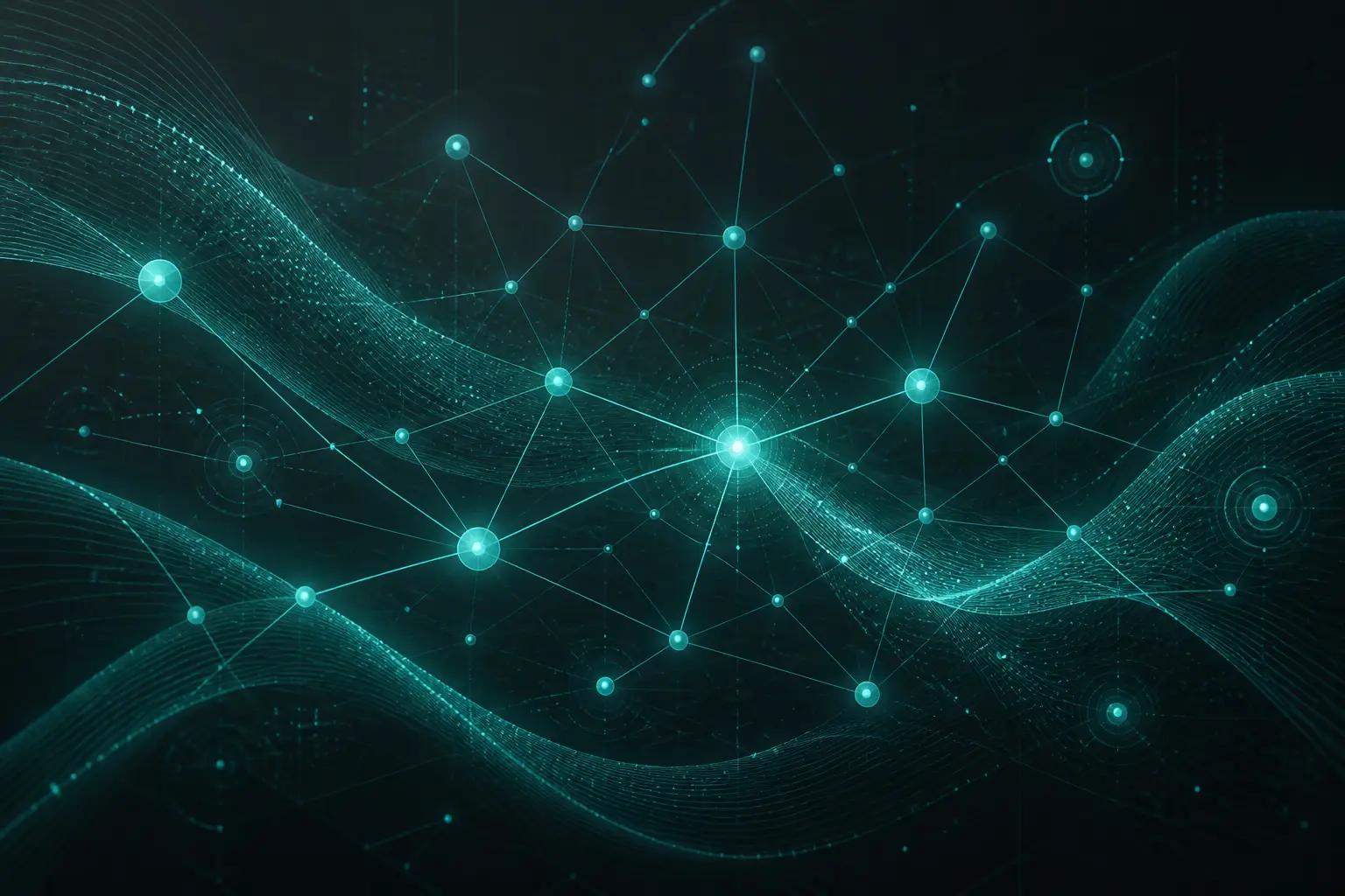 Abstract graphite knowledge graph with mint-cyan nodes representing machine-readable product facts