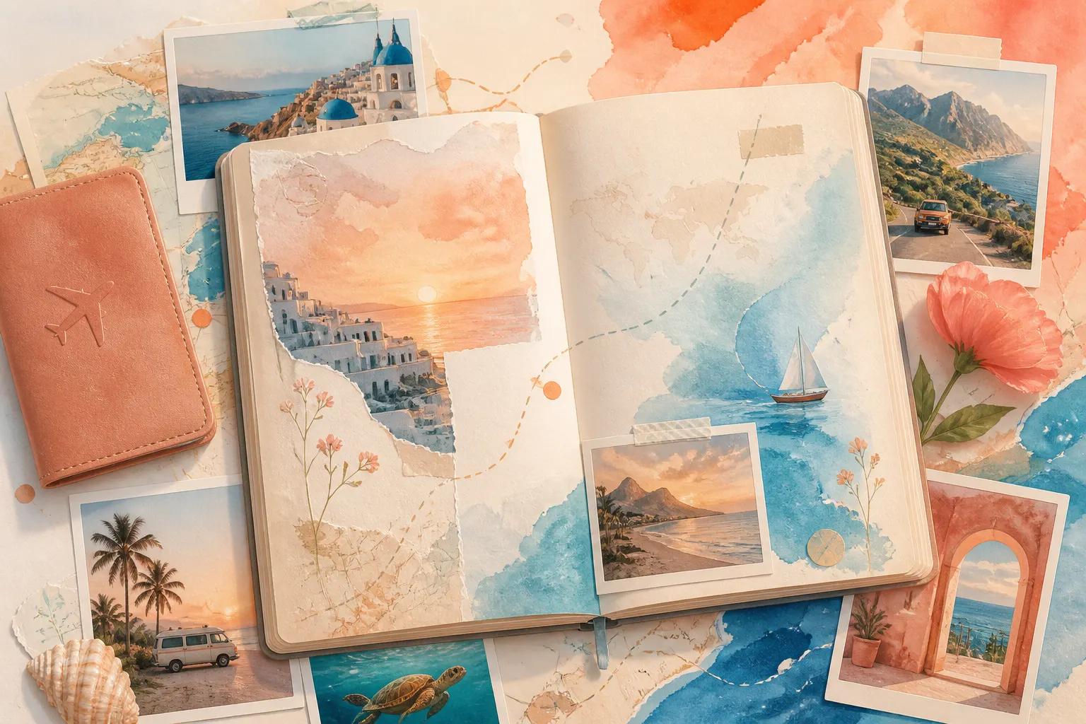 Warm travel journal illustration representing TravelRecap.app trip and journey map recaps