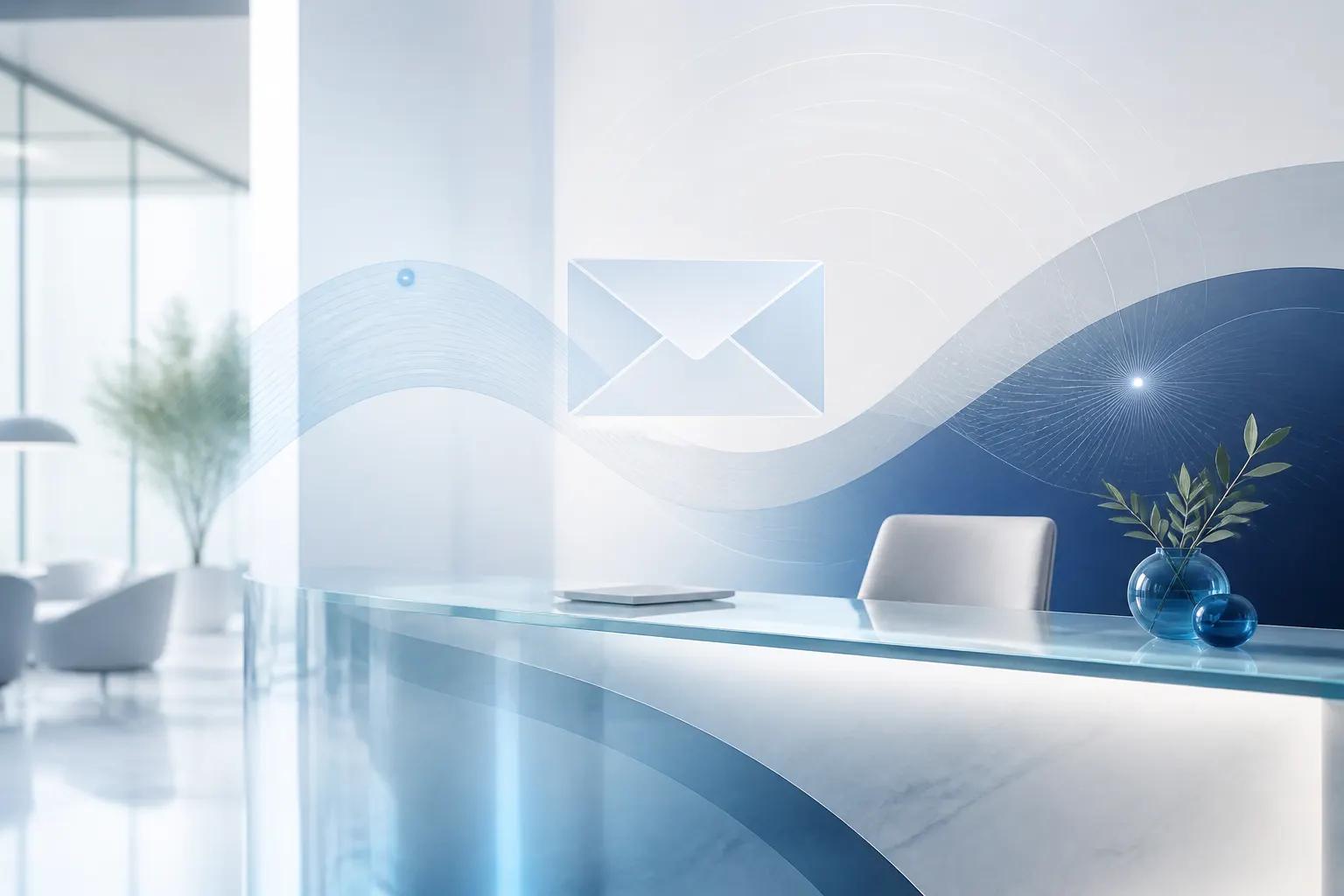 Soft daylight reception graphic with sky-navy tones suggesting an open, approachable contact desk