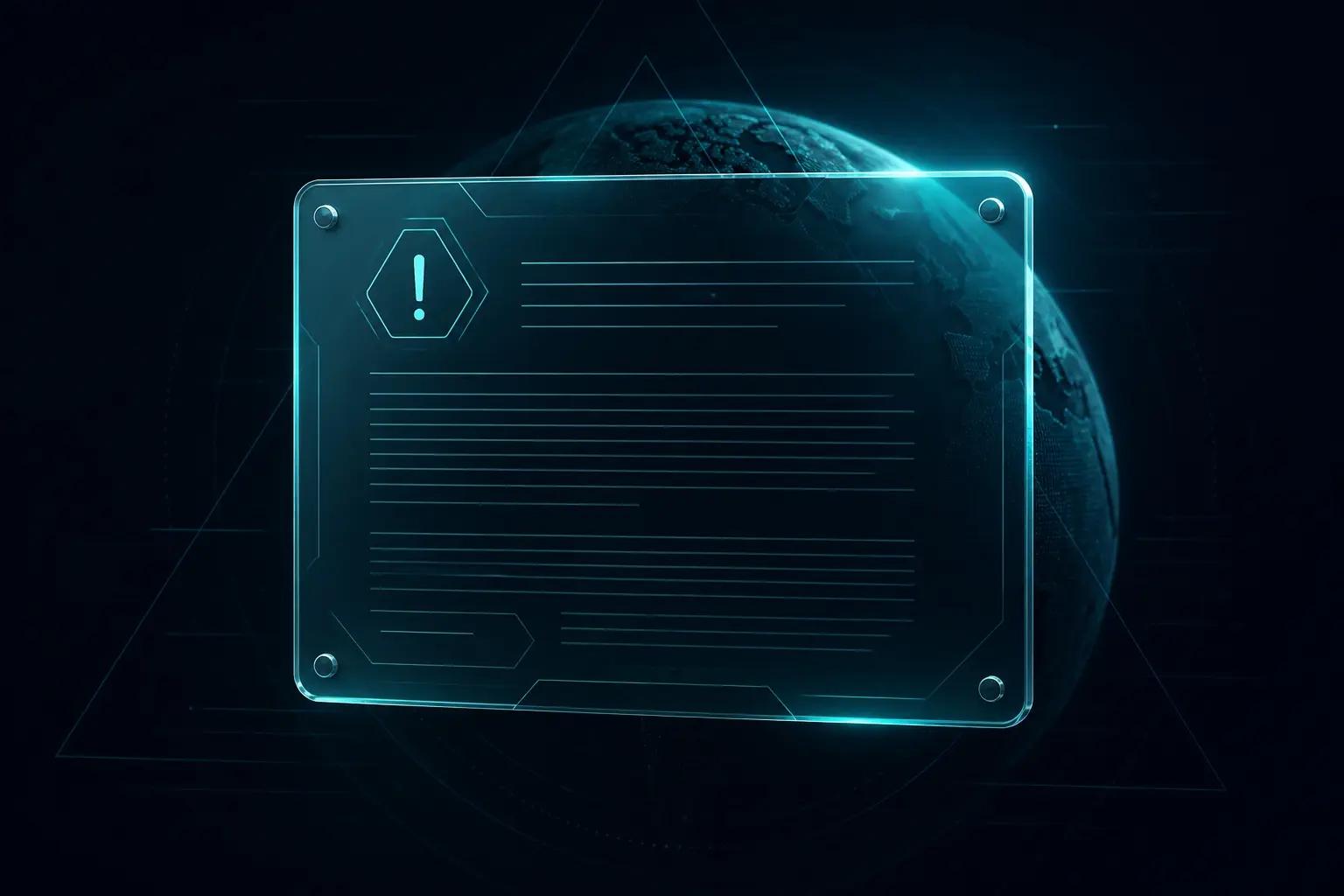 Dark teal glass notice plaque floating over a soft globe silhouette, illustrating the 3dmaps.app disclaimer