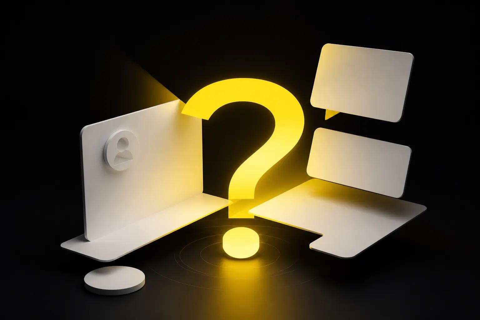 Abstract lemon-yellow FAQ illustration on a dark field suggesting crisp, high-contrast answers