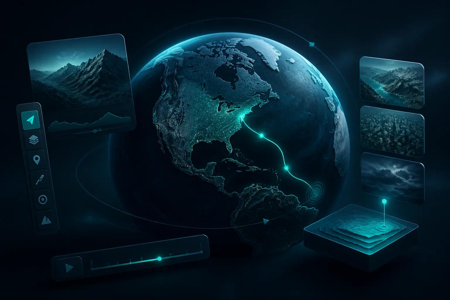 Dark teal-lit 3D globe graphic representing 3dmaps.app editor capabilities