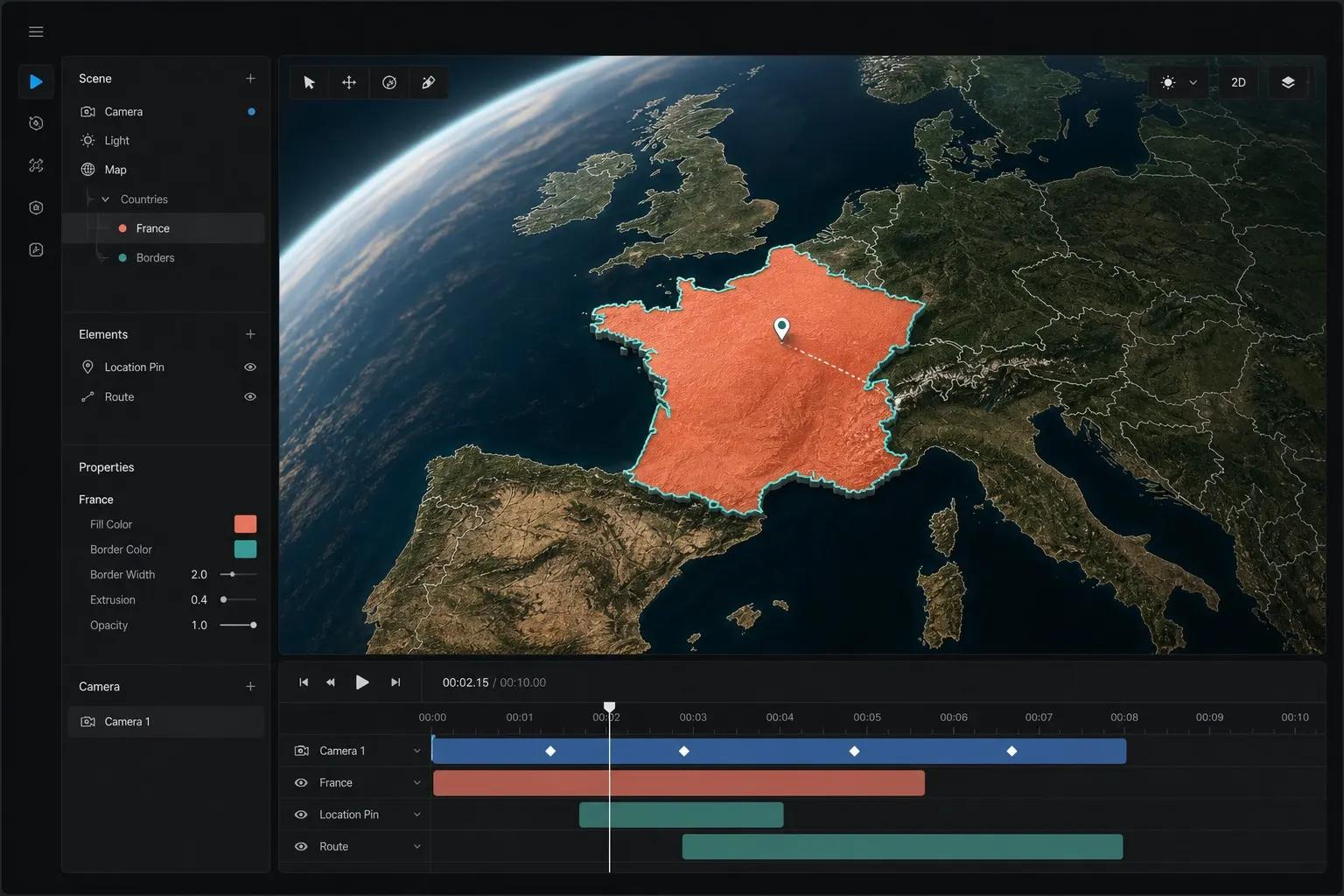 3dmaps editor screenshot with France highlighted on a 3D globe and configuration sidebar