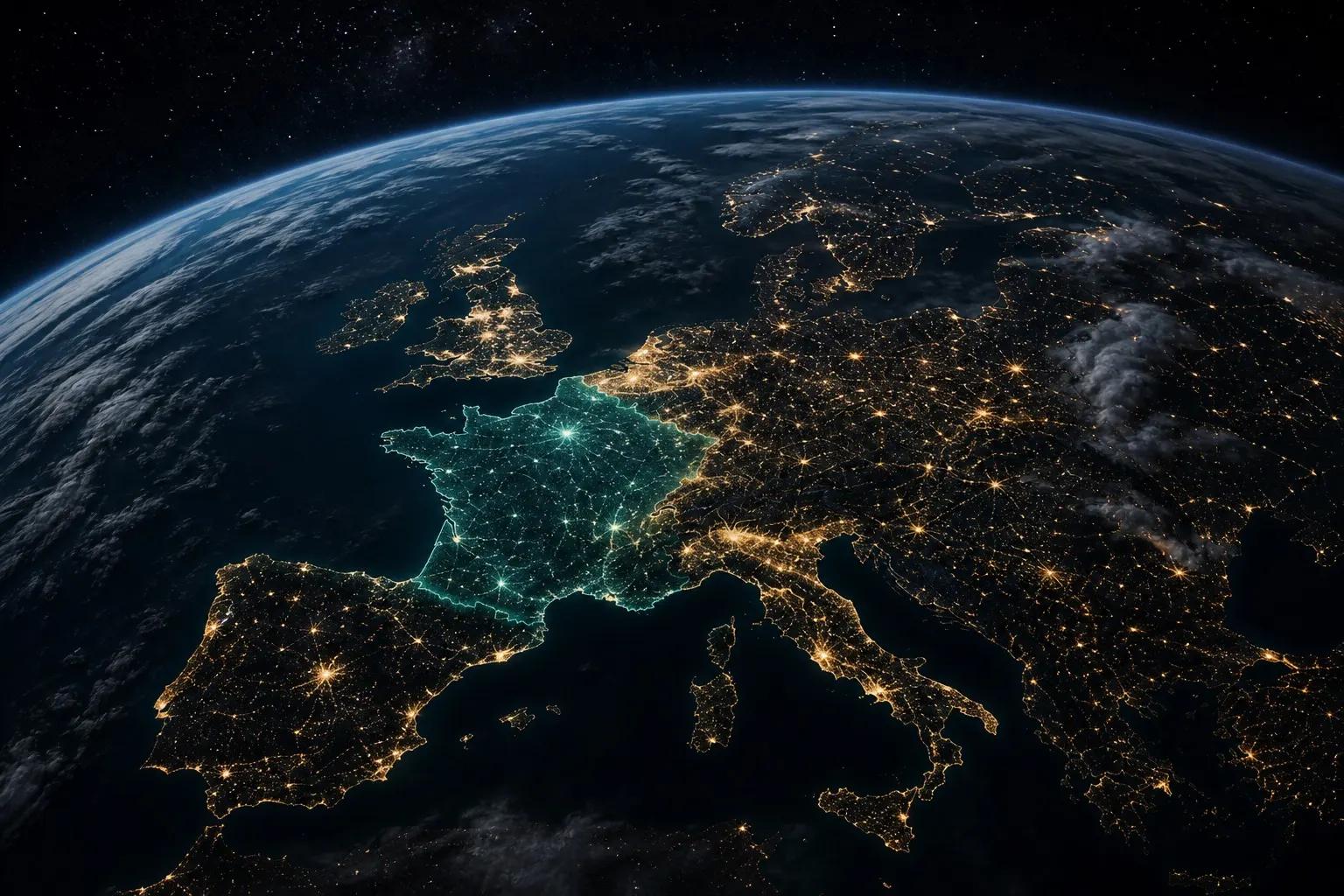 Night-side Earth globe with glowing coastlines and city lights over Europe — cinematic 3D map backdrop