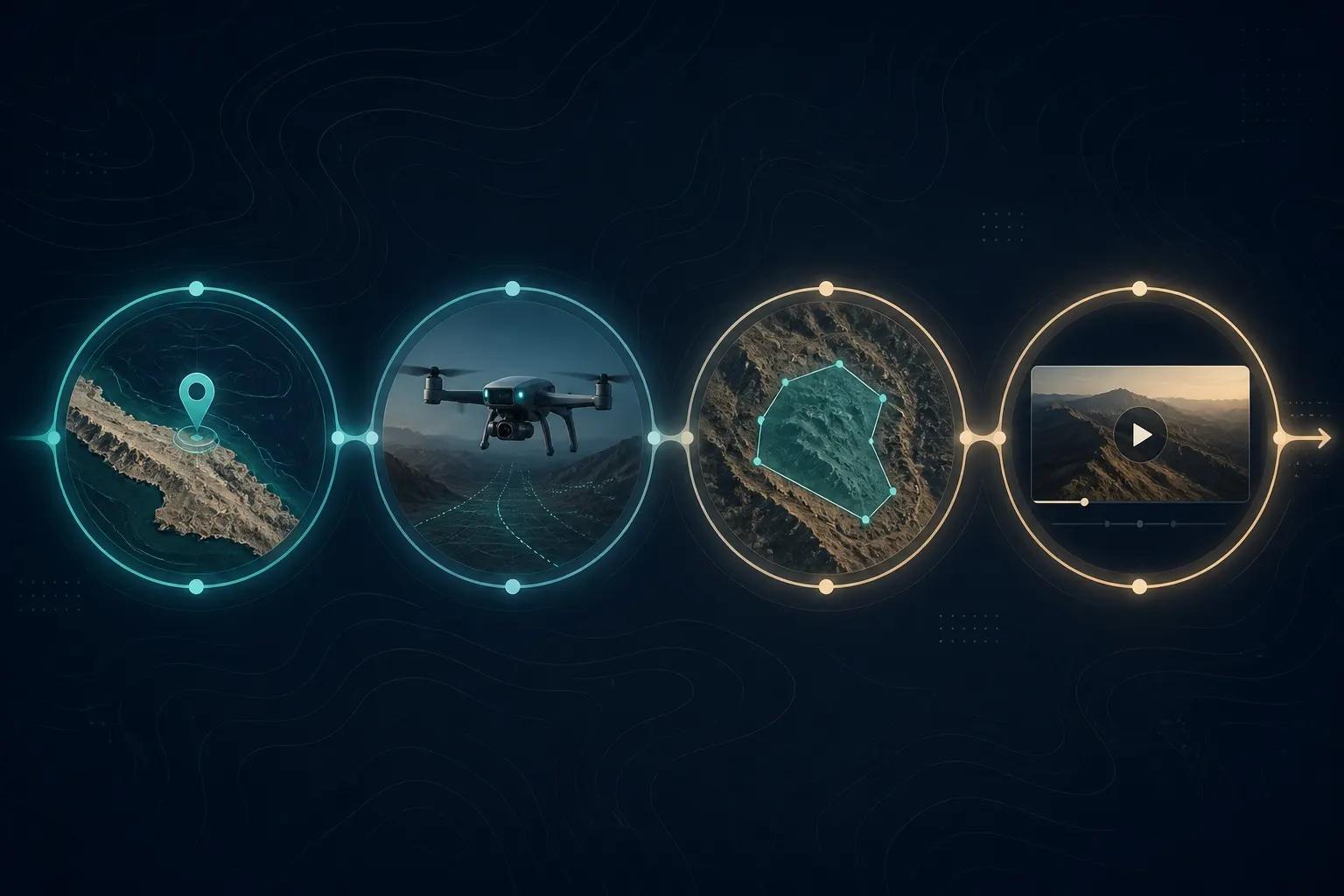 Abstract workflow graphic with four connected glowing nodes representing search, fly, annotate, and export