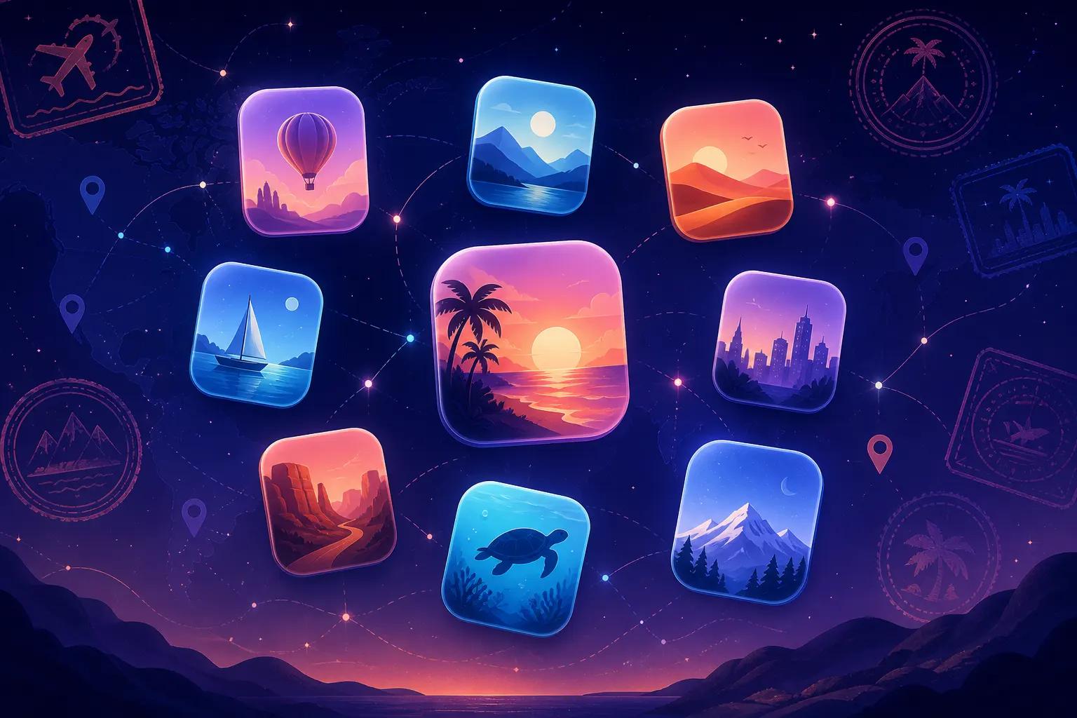 Abstract constellation of glowing app tiles representing the DTLA Professional Services product catalog