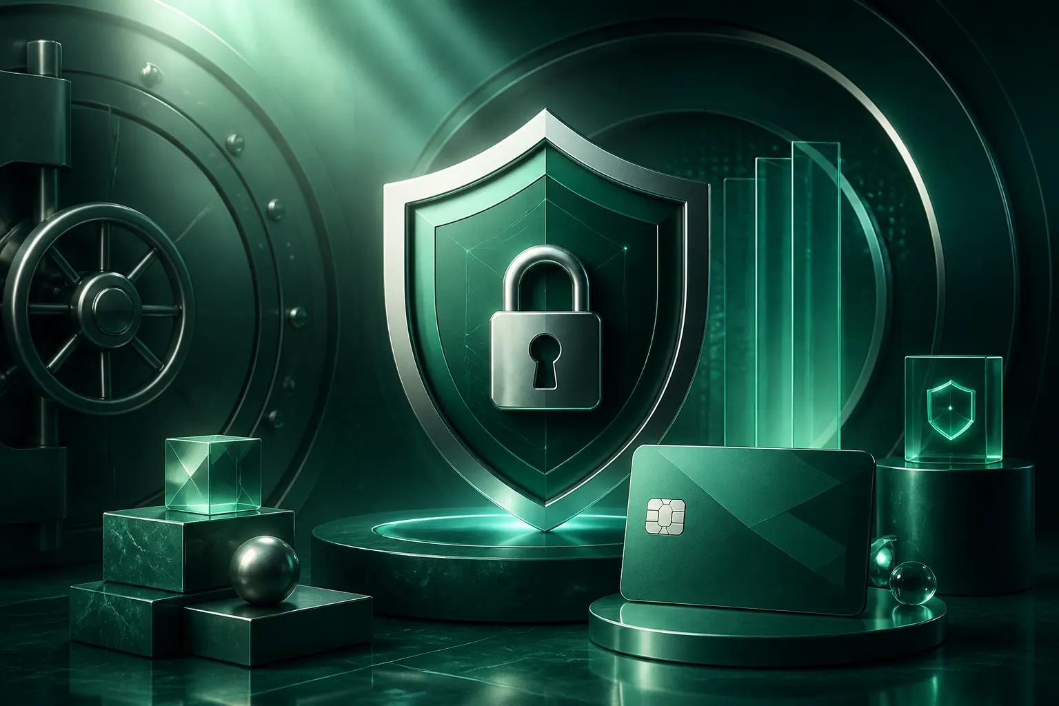 Abstract emerald vault illustration with mint light beams suggesting PCI payment security