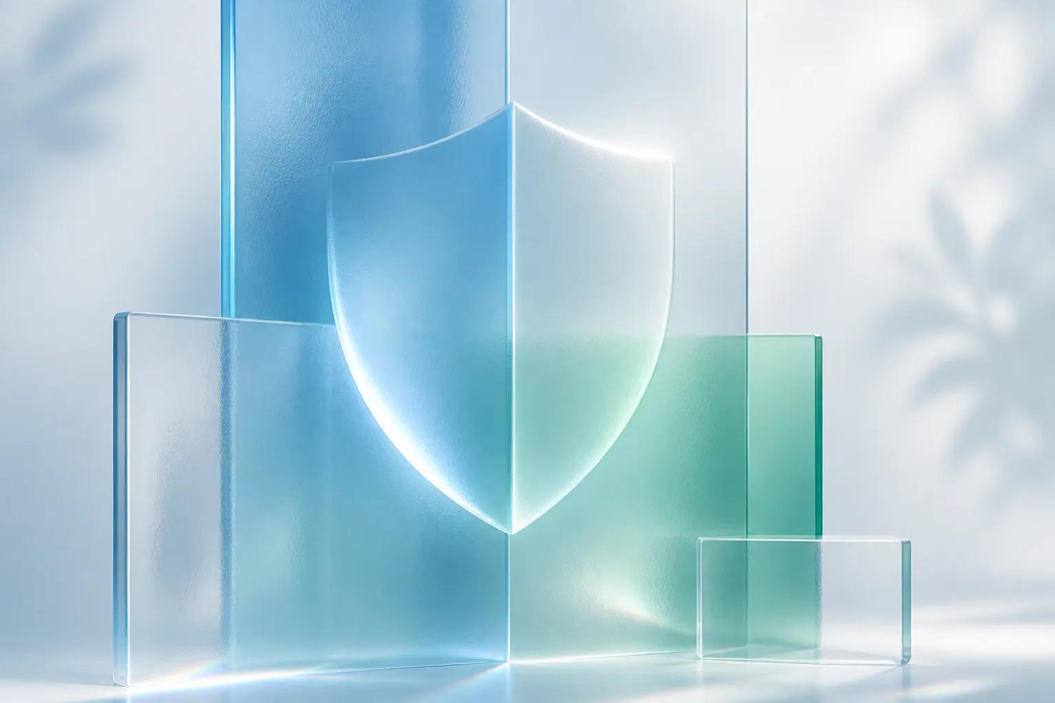 Abstract frosted-glass privacy graphic with soft teal light suggesting protected data and trust