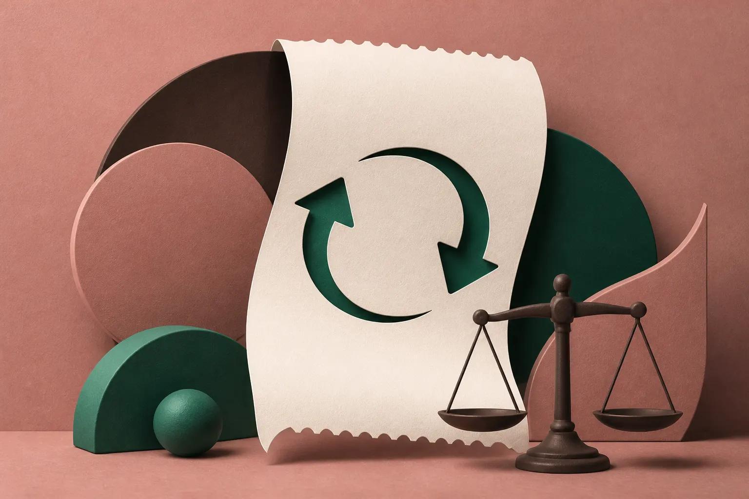 Abstract refund illustration resembling a soft clay receipt with emerald fairness accents