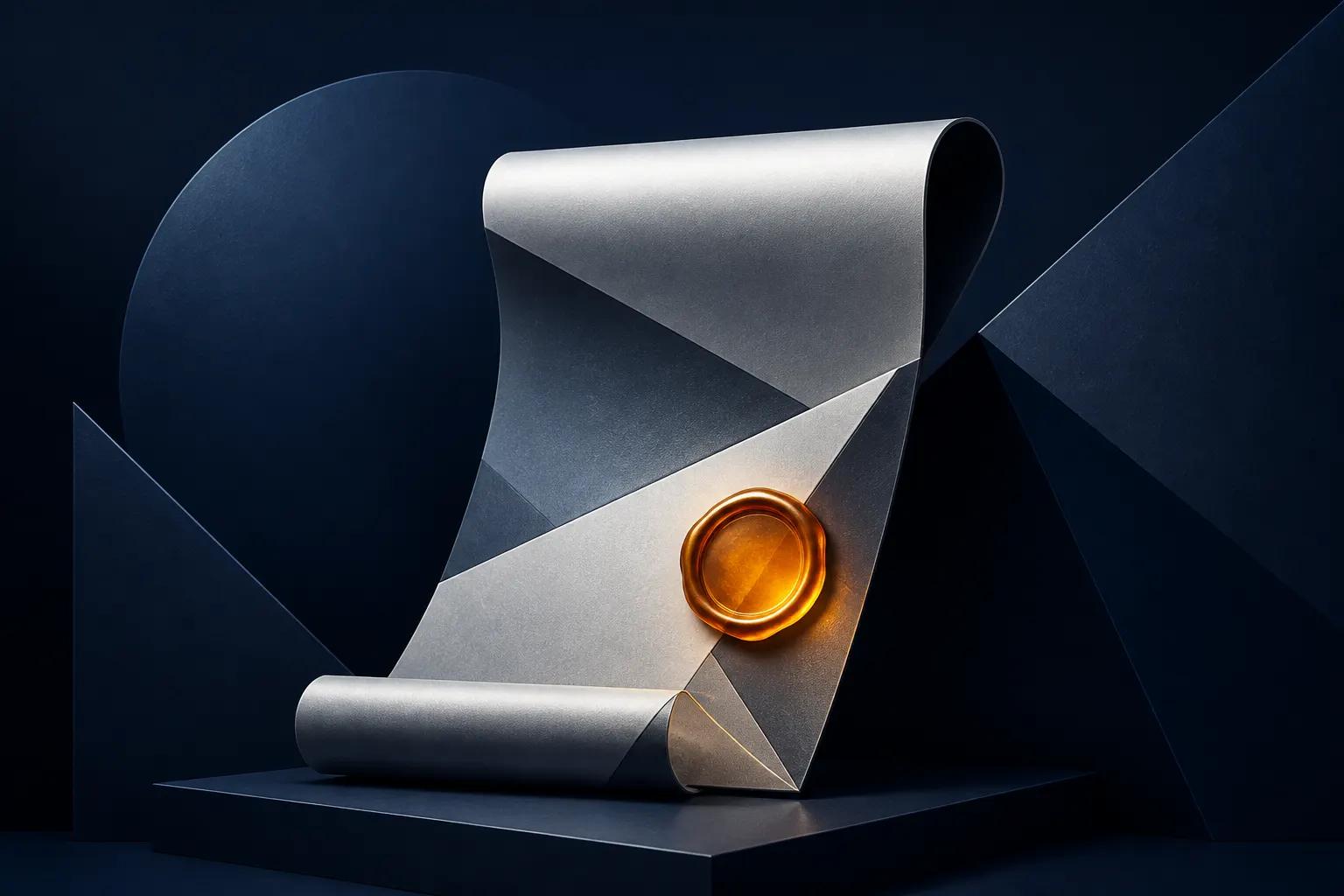 Abstract formal agreement graphic with deep navy planes and an amber seal-like glow