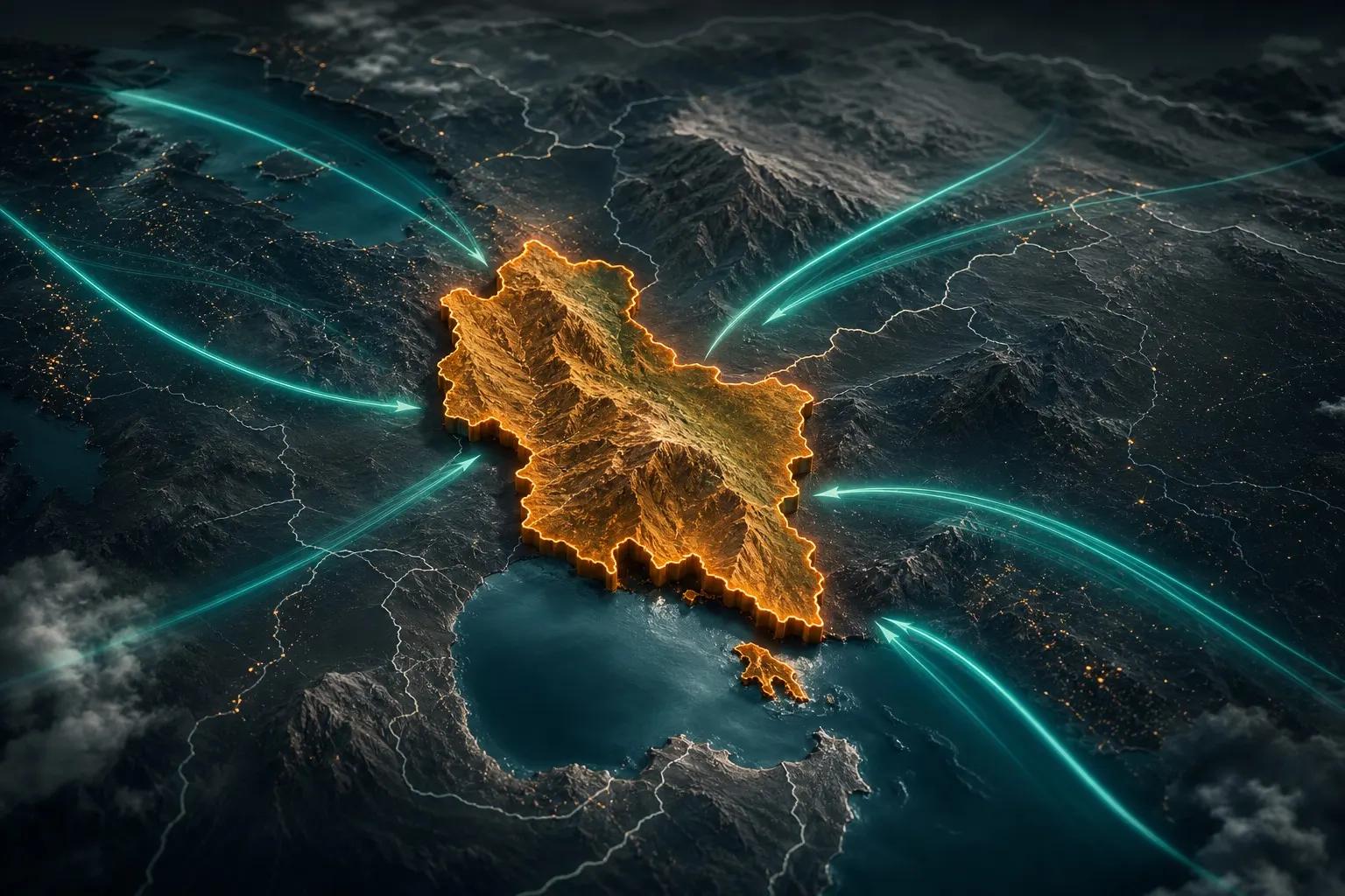 Editorial 3D terrain illustration with a glowing highlighted region used for map storytelling