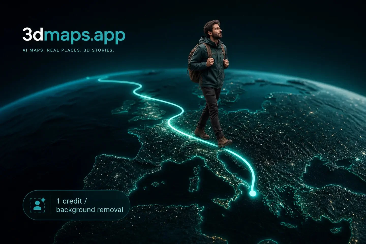 Diagram of an AI cutout figure traveling a glowing path on a dark teal globe, labeled one credit per background removal
