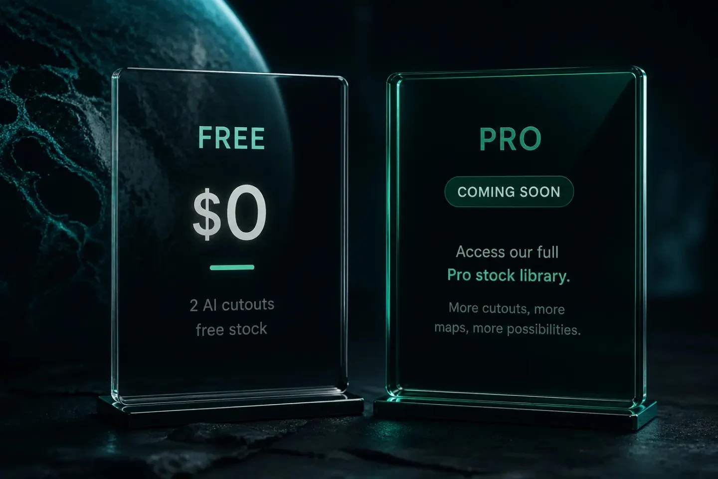Side-by-side plan plates: Free at $0 with two AI cutouts and free stock, Pro with the Pro stock library and live checkout